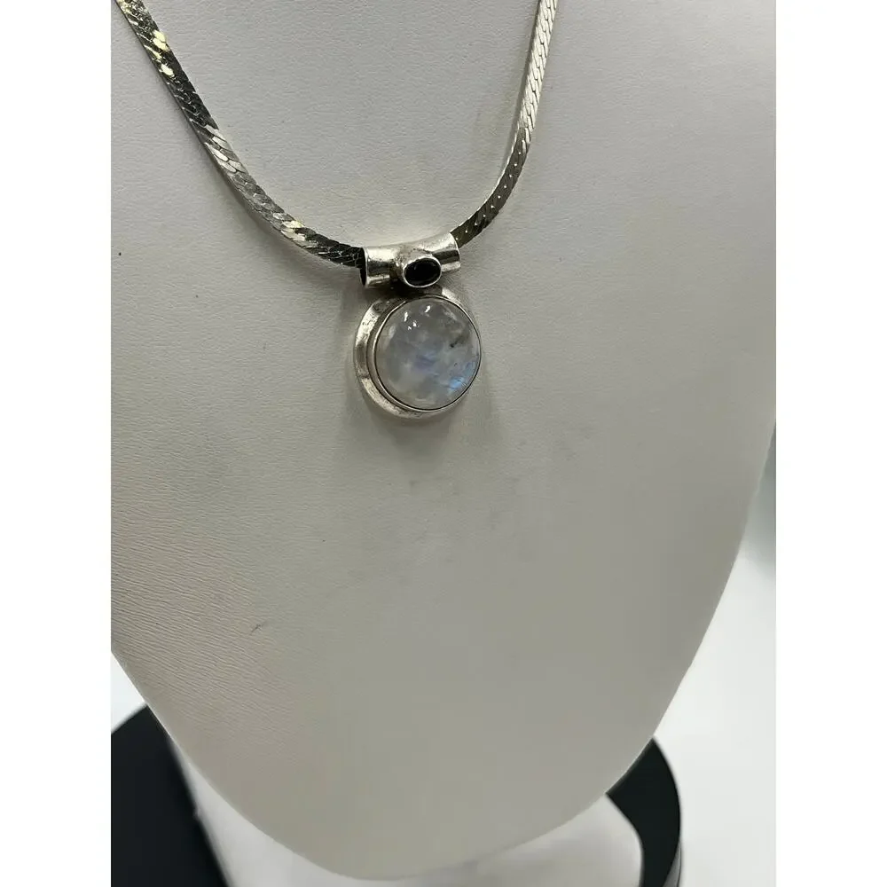 TJ Sterling Silver Moonstone Amethyst Bezel‎ Cabachon pendant Snake Necklace